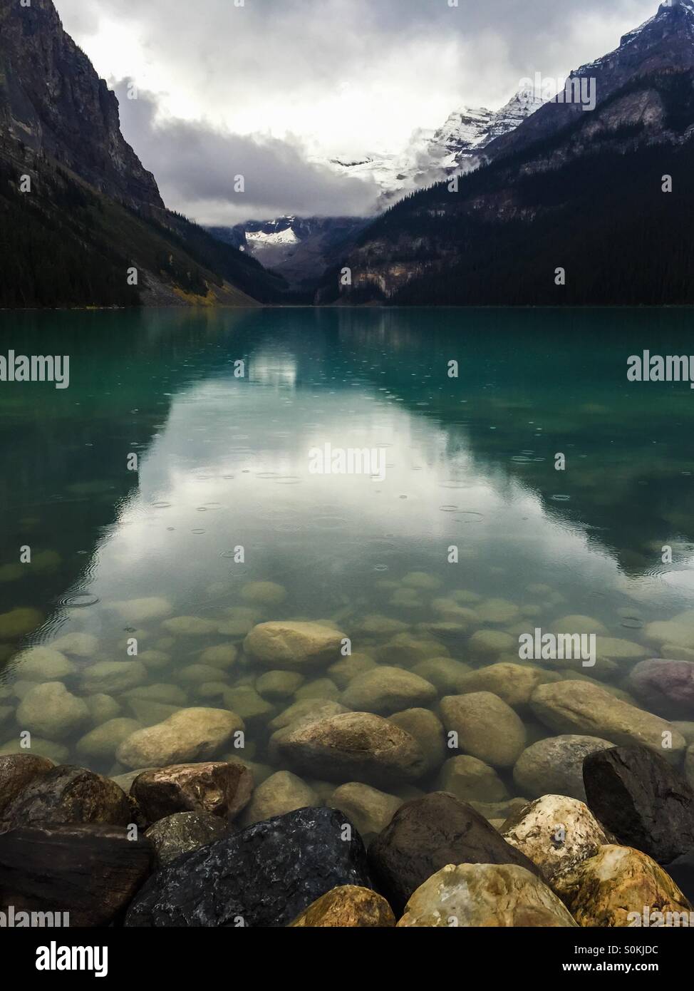Lake Louise on a rainy autumn day. - Smartphone Captured Stock Image