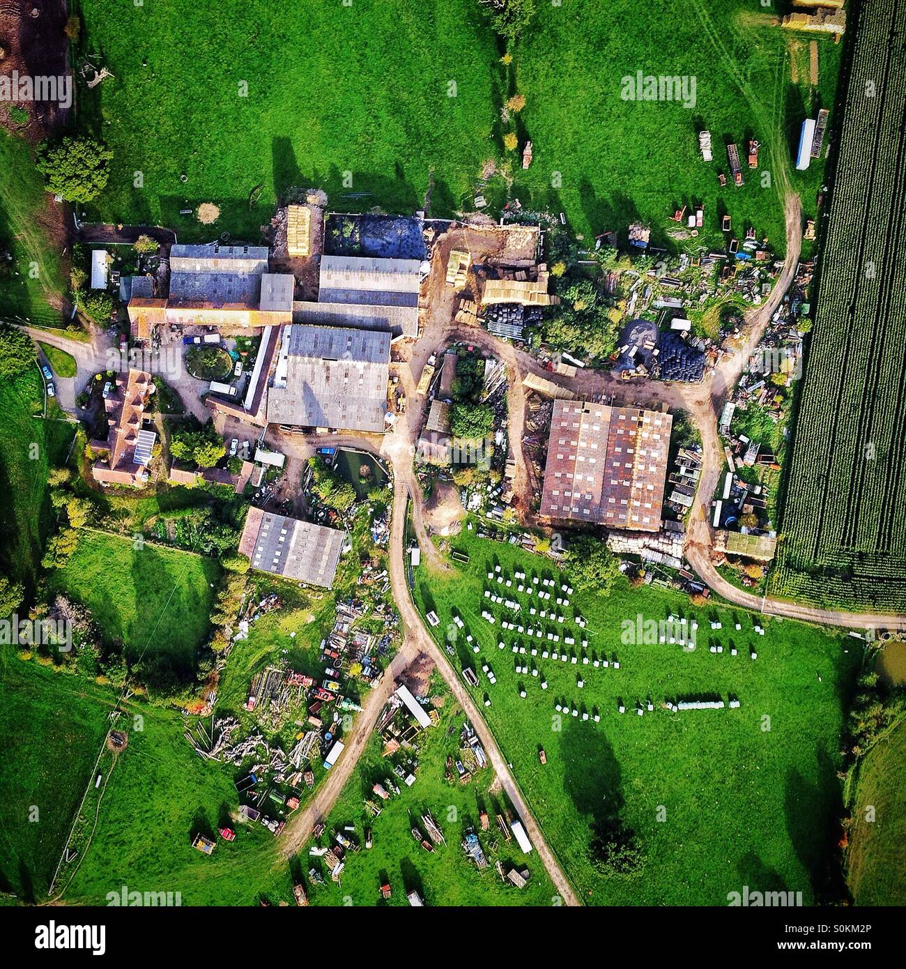 Farm from the air near Malvern hills Worcestershire uk - Smartphone Captured Stock Image