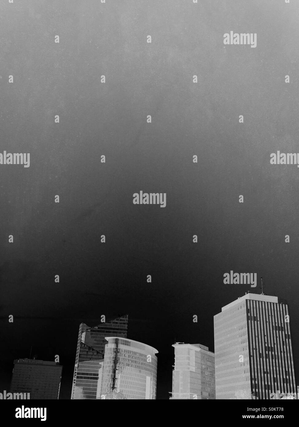Brussels skyline. Business district. Negative rendering. Ominous skyline. - Smartphone Captured Stock Image