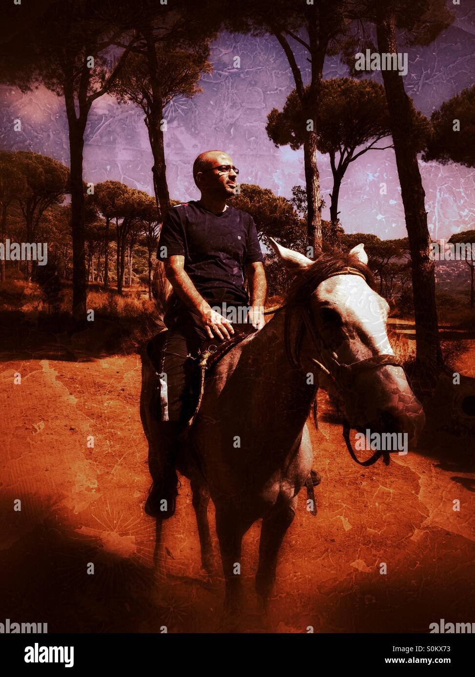 Middle aged man riding a horse with pride in the forest - Smartphone Captured Stock Image