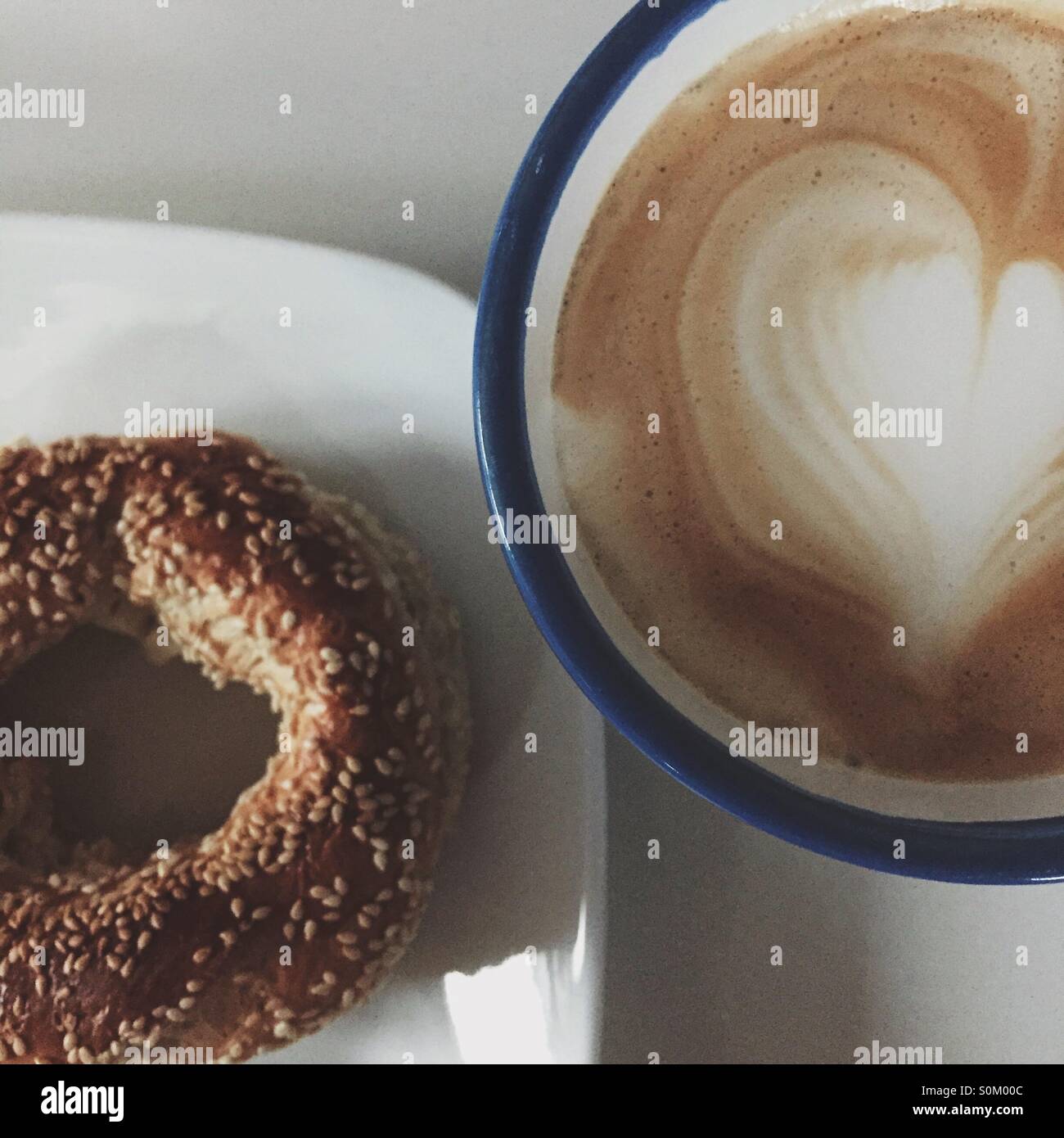 Breakfast- Sesame Bagel and Latte - Smartphone Captured Stock Image