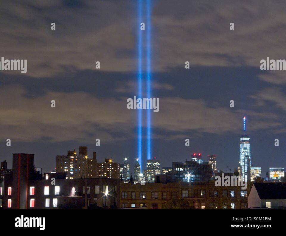 View of the lights memorial in New York City remembering 9/11 taken in Williamsburg, Brooklyn. - Smartphone Captured Stock Image