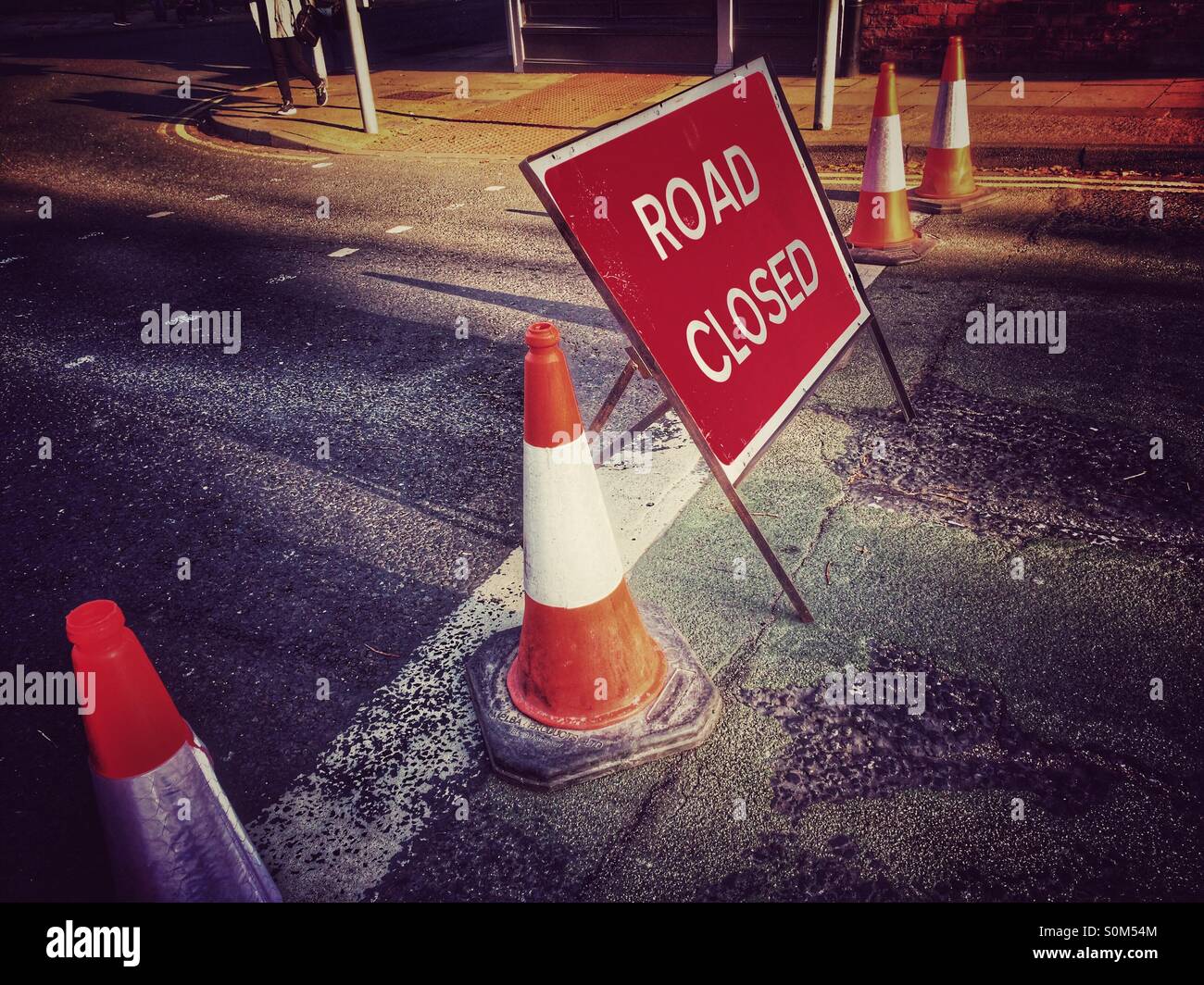 Road closed sign and traffic cones - Smartphone Captured Stock Image