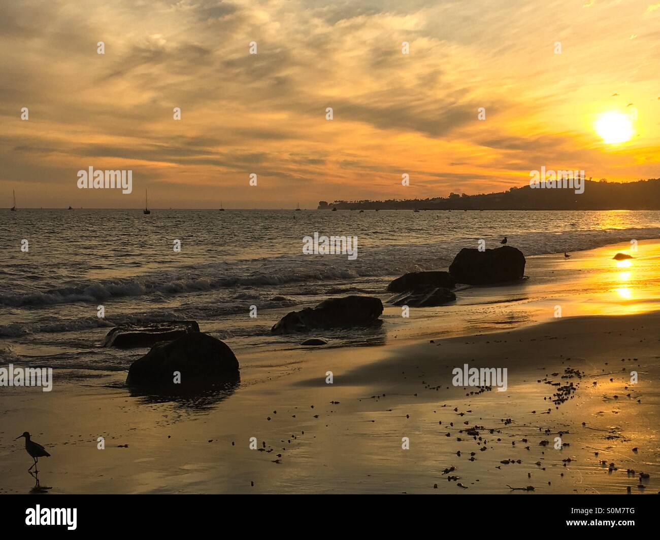 Sunset at East Beach in Santa Barbara, California USA with a diagonal composition - Smartphone Captured Stock Image