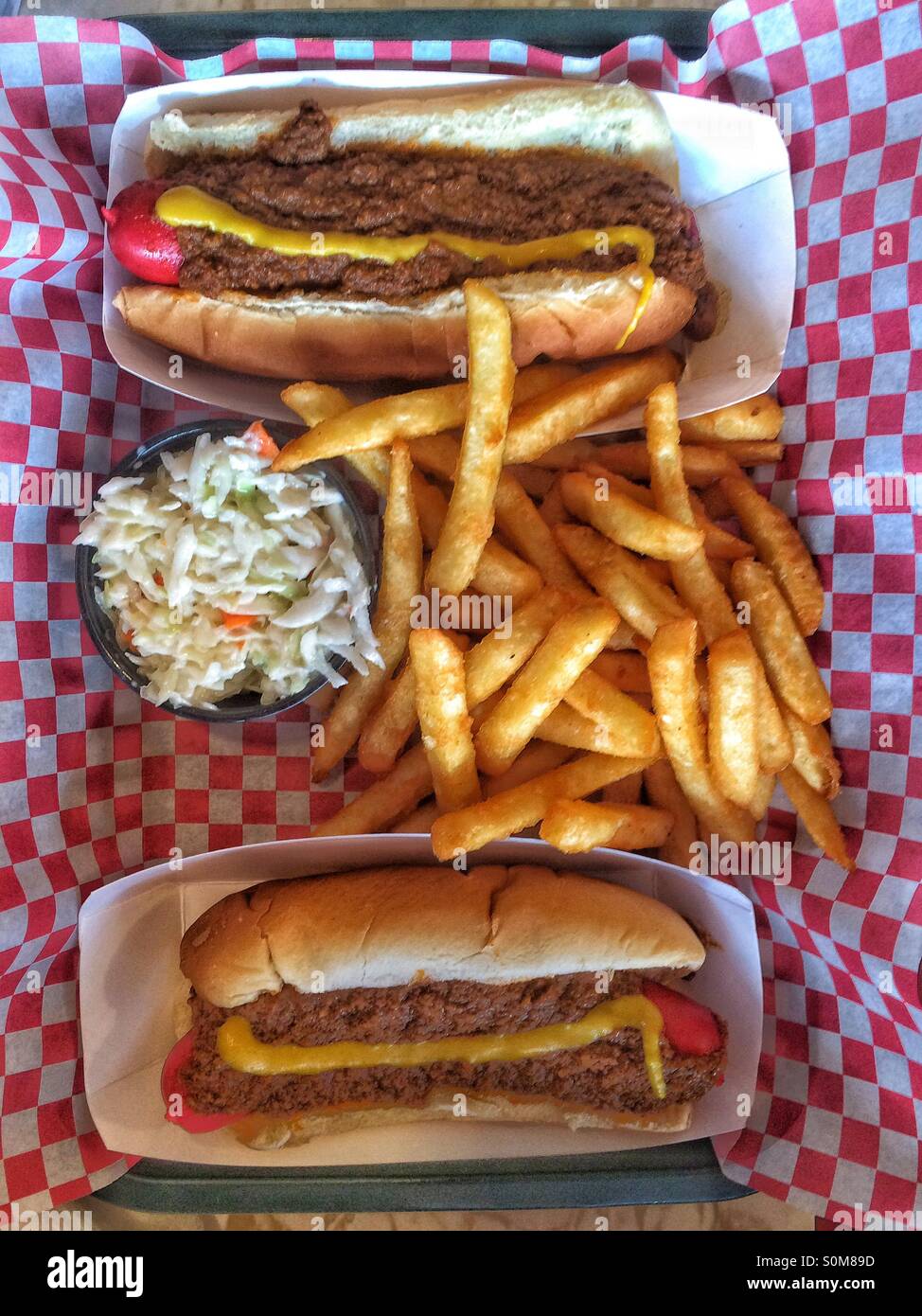 Famous 'Michigan' hot dog, Gus Famous Red Hots Diner, Plattsburgh, NY, USA Stock Photo