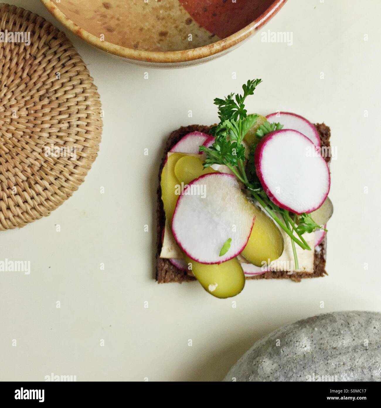 Radish ant tofu sandwich on rye bread - Smartphone Captured Stock Image