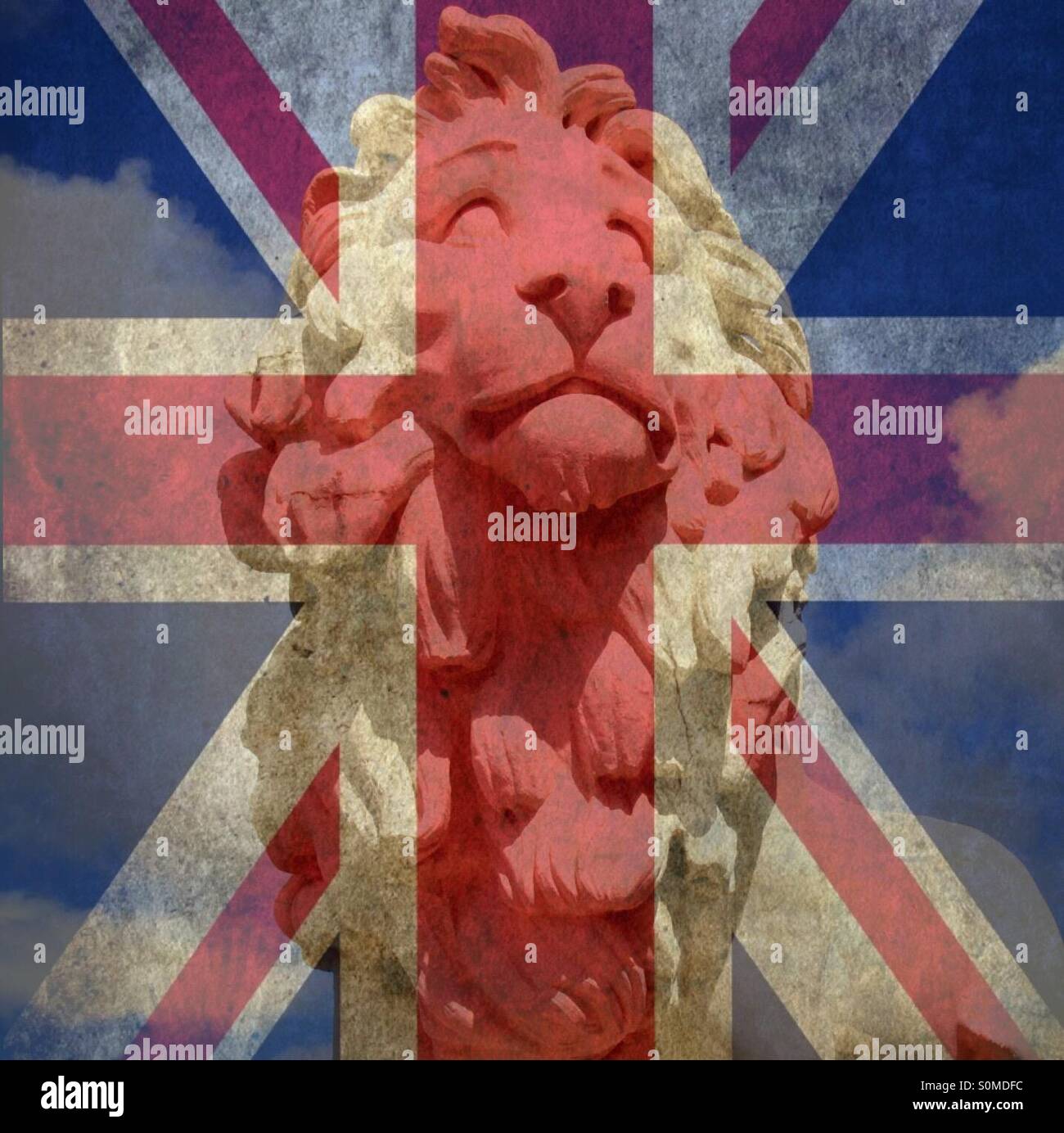 A British Lion overlayed with The Union Jack flag in a King Charles 3 coronation celebration - Smartphone Captured Stock Image