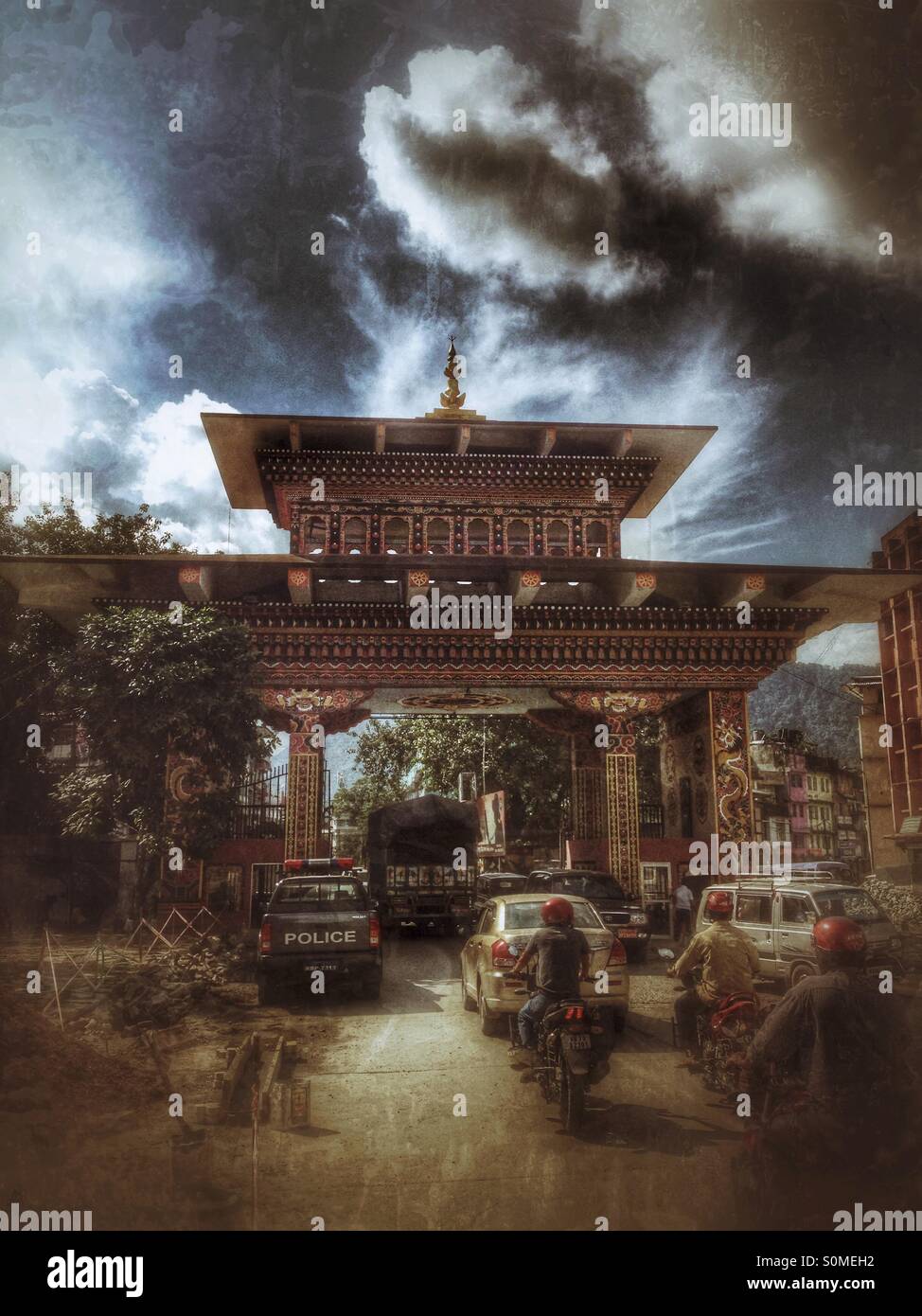 Gateway border between Bhutan and India. Phuentsholing, Bhutan, Asia. - Smartphone Captured Stock Image