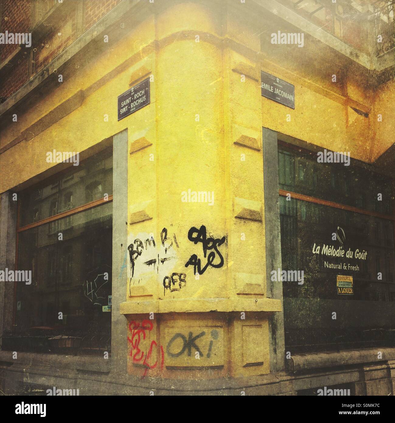 Street corner. Closed restaurant with graffiti. Brussels, Belgium, Europe. - Smartphone Captured Stock Image