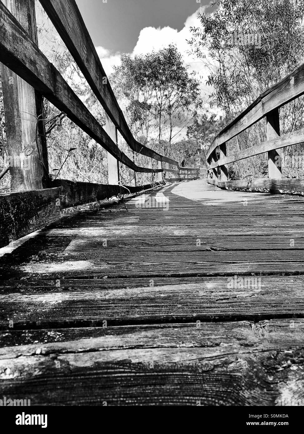 This old Boardwalk was creaky and wound all through natural areas; very peaceful. Stock Photo