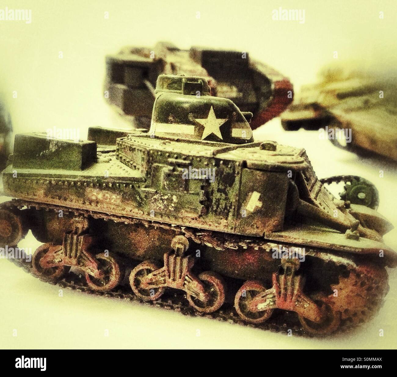 Model tanks. Sherman tank in foreground. Stock Photo