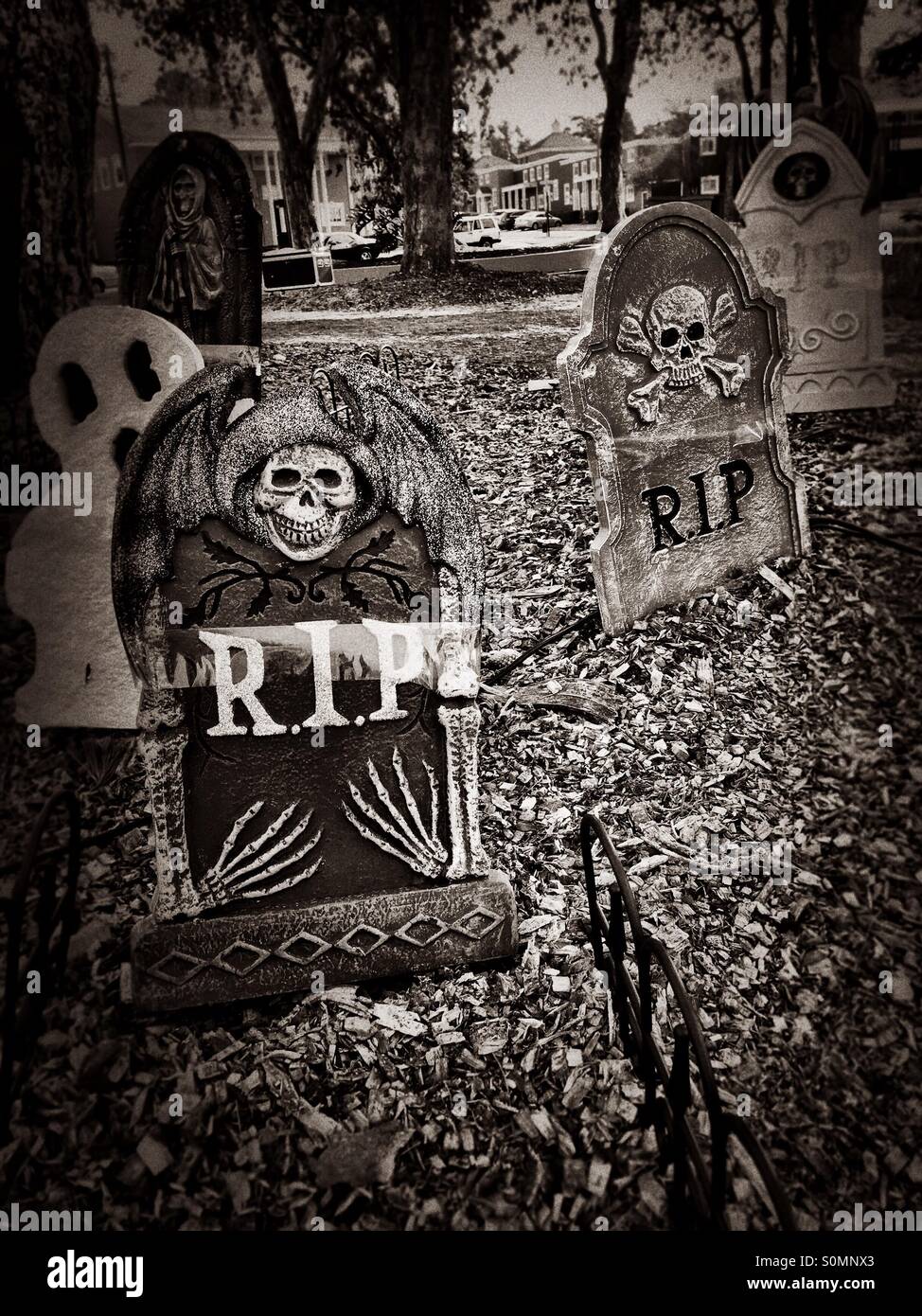 Scary Halloween headstones adorn the dry Autumn leaves in this mock graveyard - Smartphone Captured Stock Image
