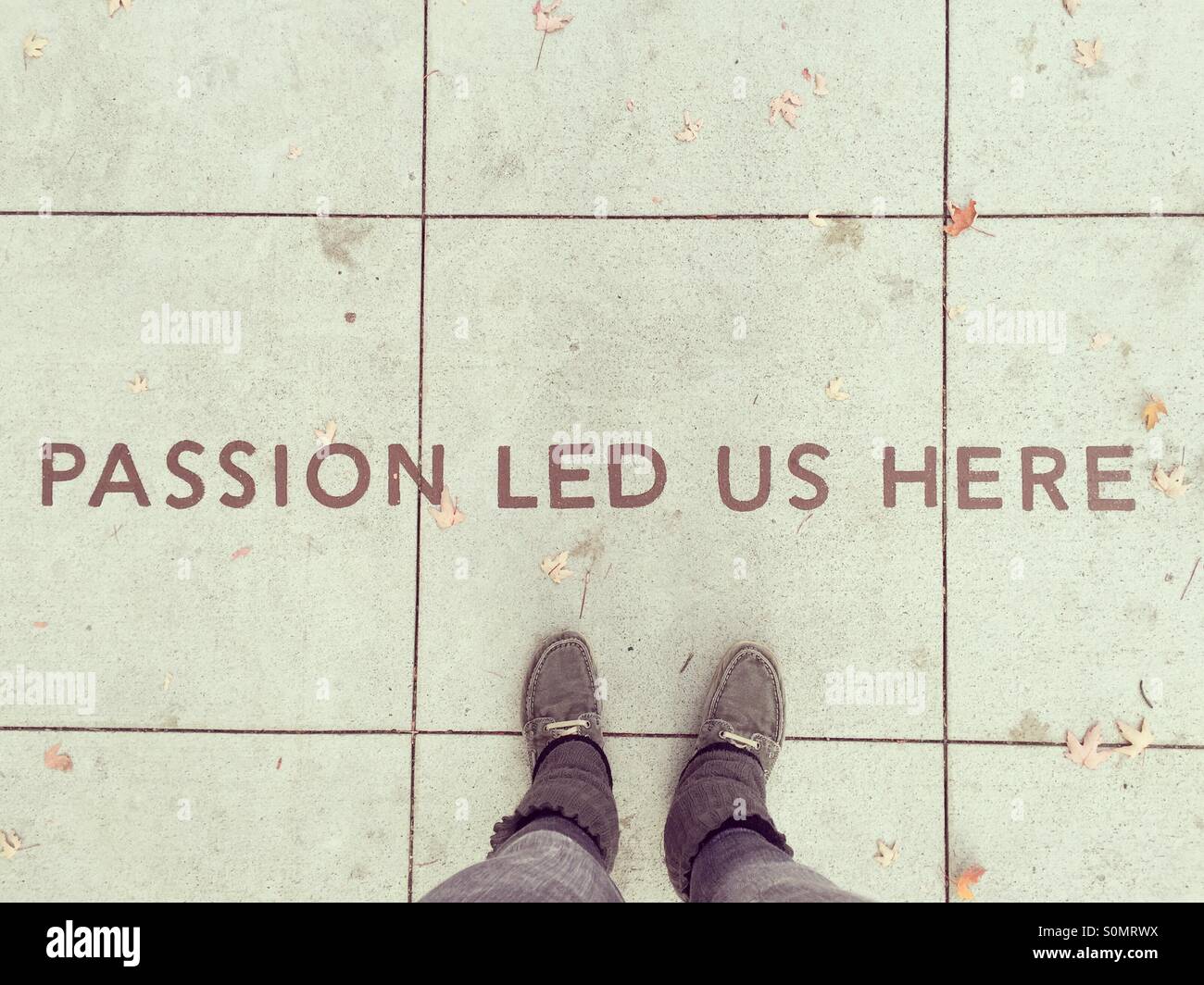 POV. Looking down at text written in the sidewalk 'Passion Led Us Here' Stock Photo