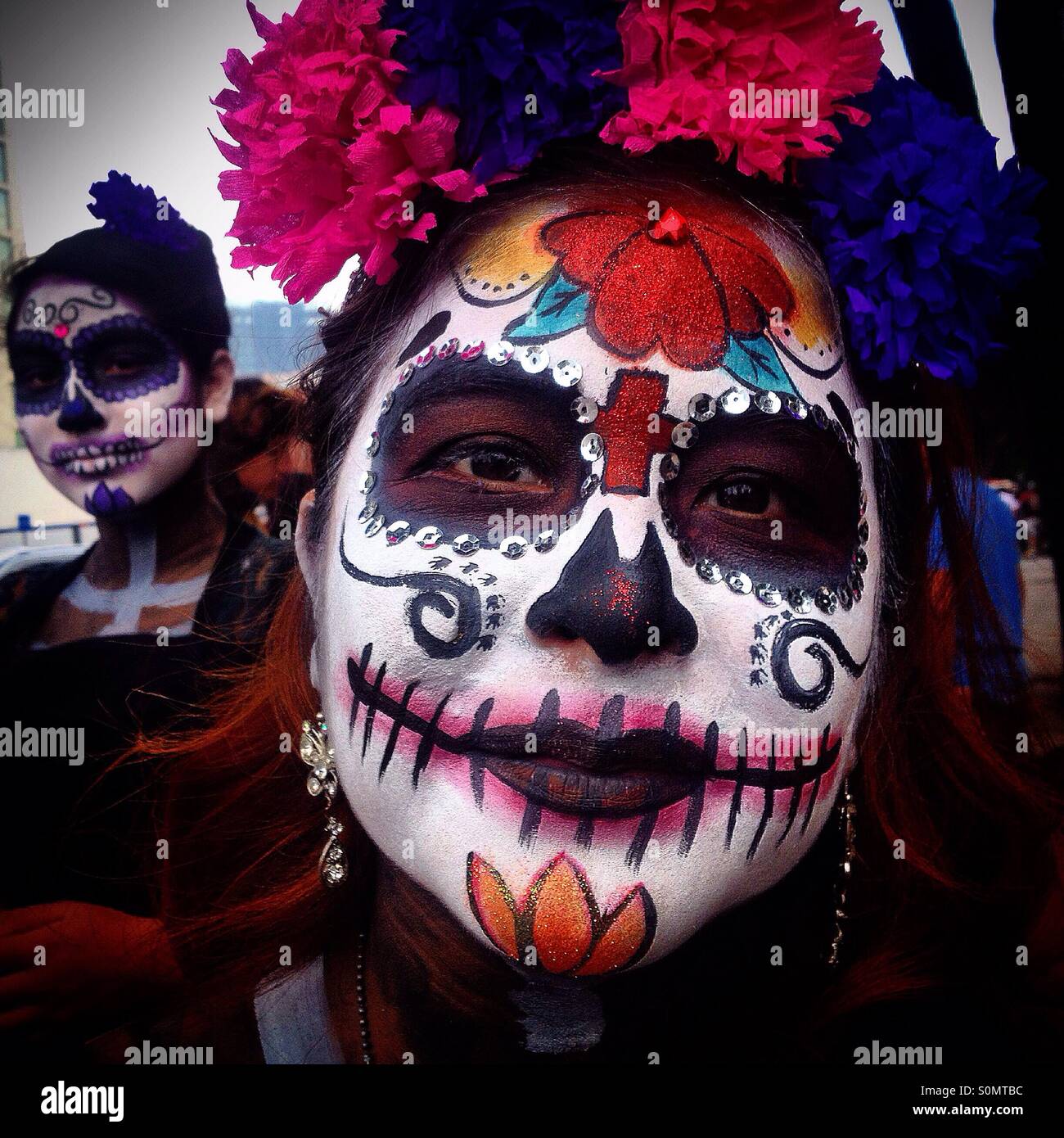 The eye of a Catrina in Mexico City. The Day of the Dead celebration mixes Pre-Hispanic traditions with the European tradition of the Catholic All Souls Day. Stock Photo