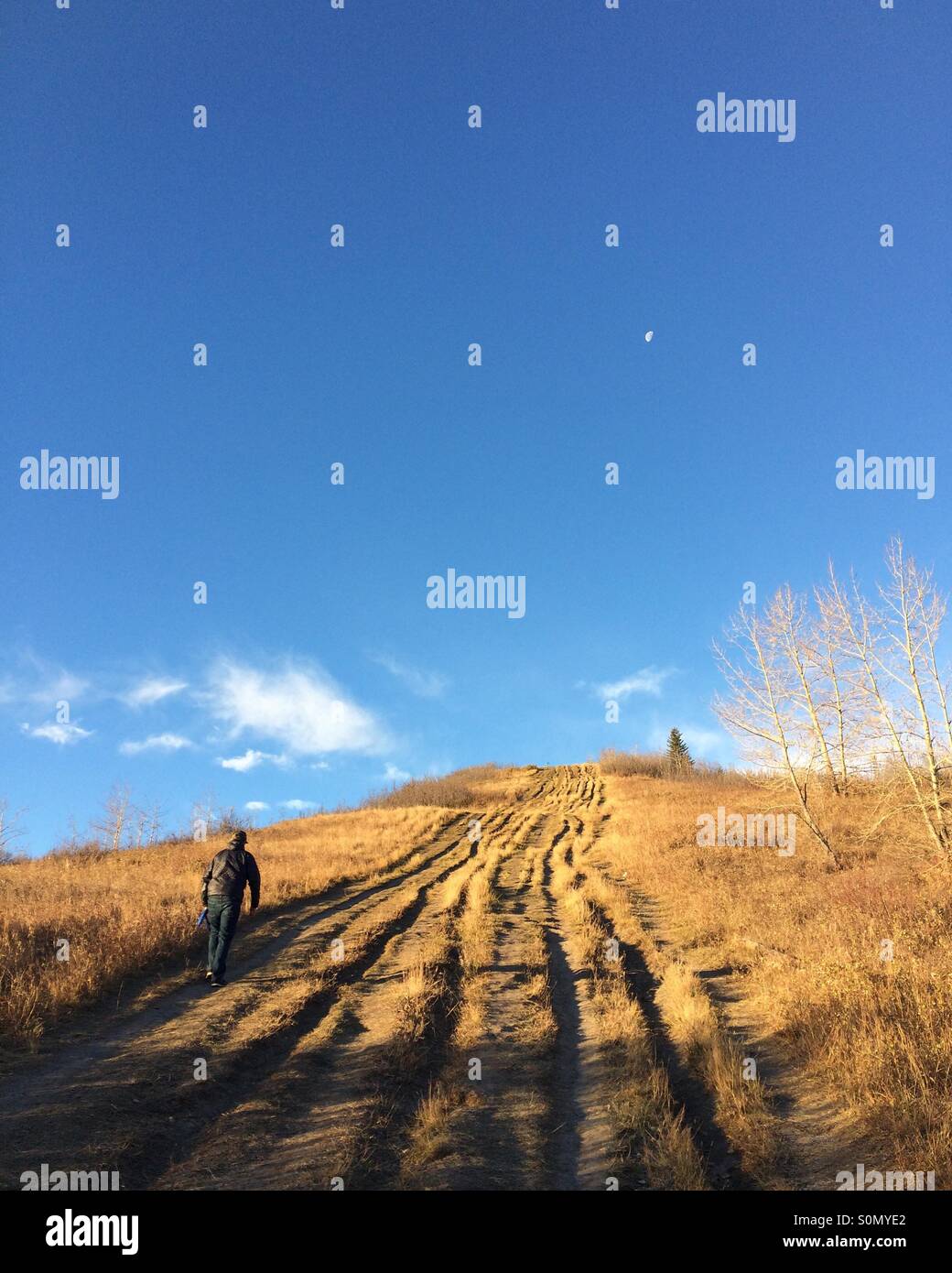 Man walking up steep hill in autumn with blue sky and morning moon. - Smartphone Captured Stock Image