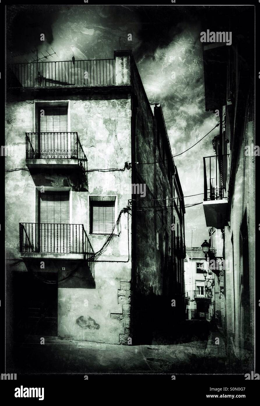 Traditional street scene with whitewashed buildings, Gandesa, Spain. - Smartphone Captured Stock Image