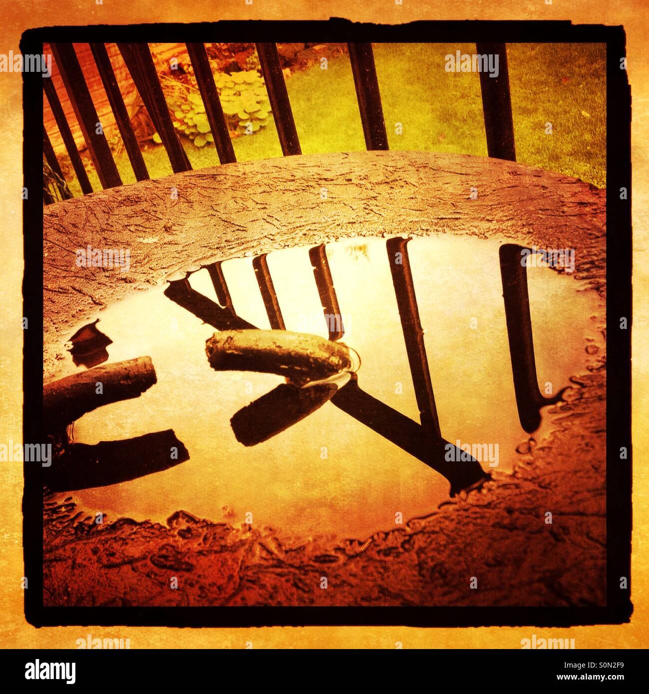 Rain water puddle on an old dustbin lid Stock Photo - Alamy