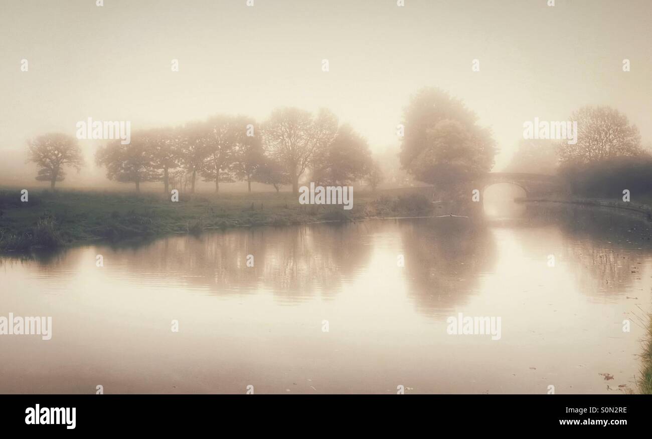 Misty morning on Leeds and Liverpool canal - Smartphone Captured Stock Image