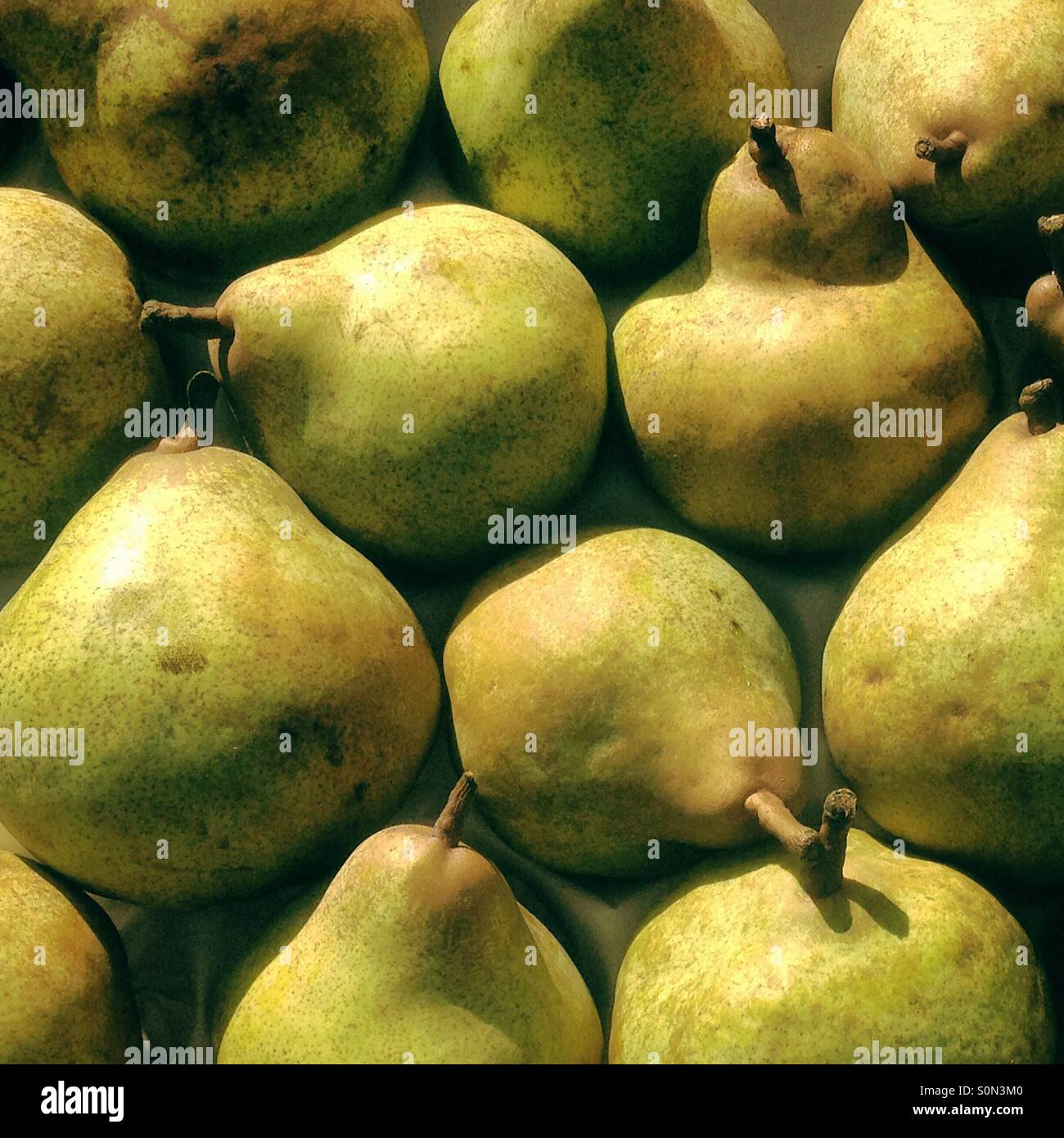 Close up market stall pears Stock Photo