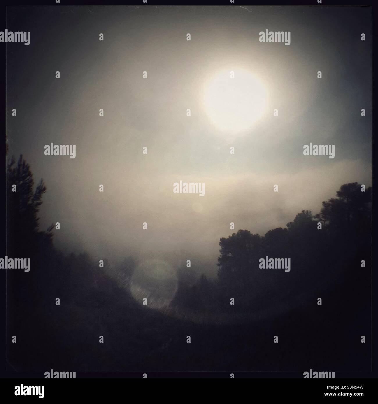 Sun up above the fog in the mountains, Catalonia, Spain. - Smartphone Captured Stock Image