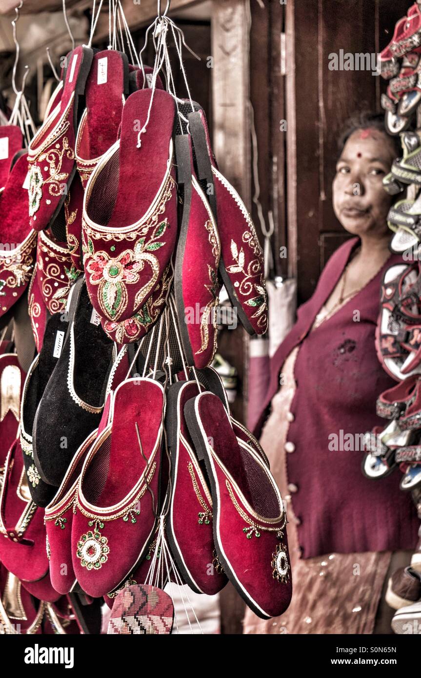 shoe seller woman in bhaktapur city in nepal (2014) Stock Photo