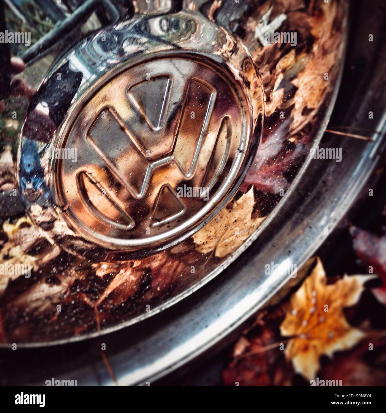 A VW hub cap in chrome in autumn Stock Photo