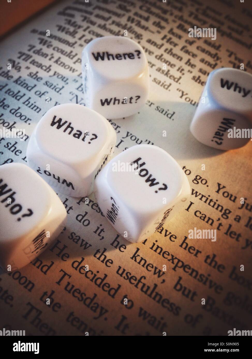 A couple of dice with question words on the page of an open book - Smartphone Captured Stock Image