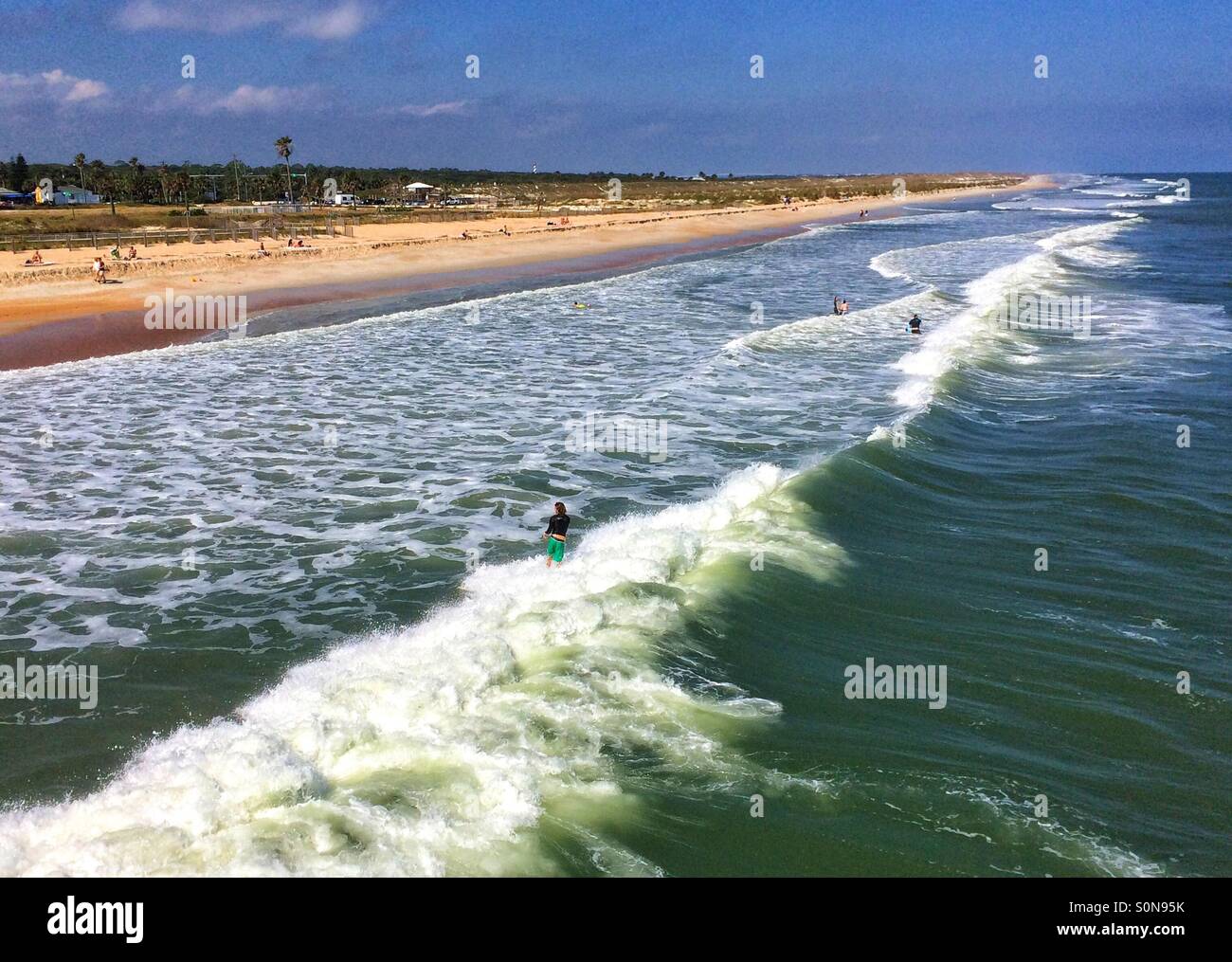 Aerial of St Augustine Beach with Surfers, Florida - Smartphone Captured Stock Image