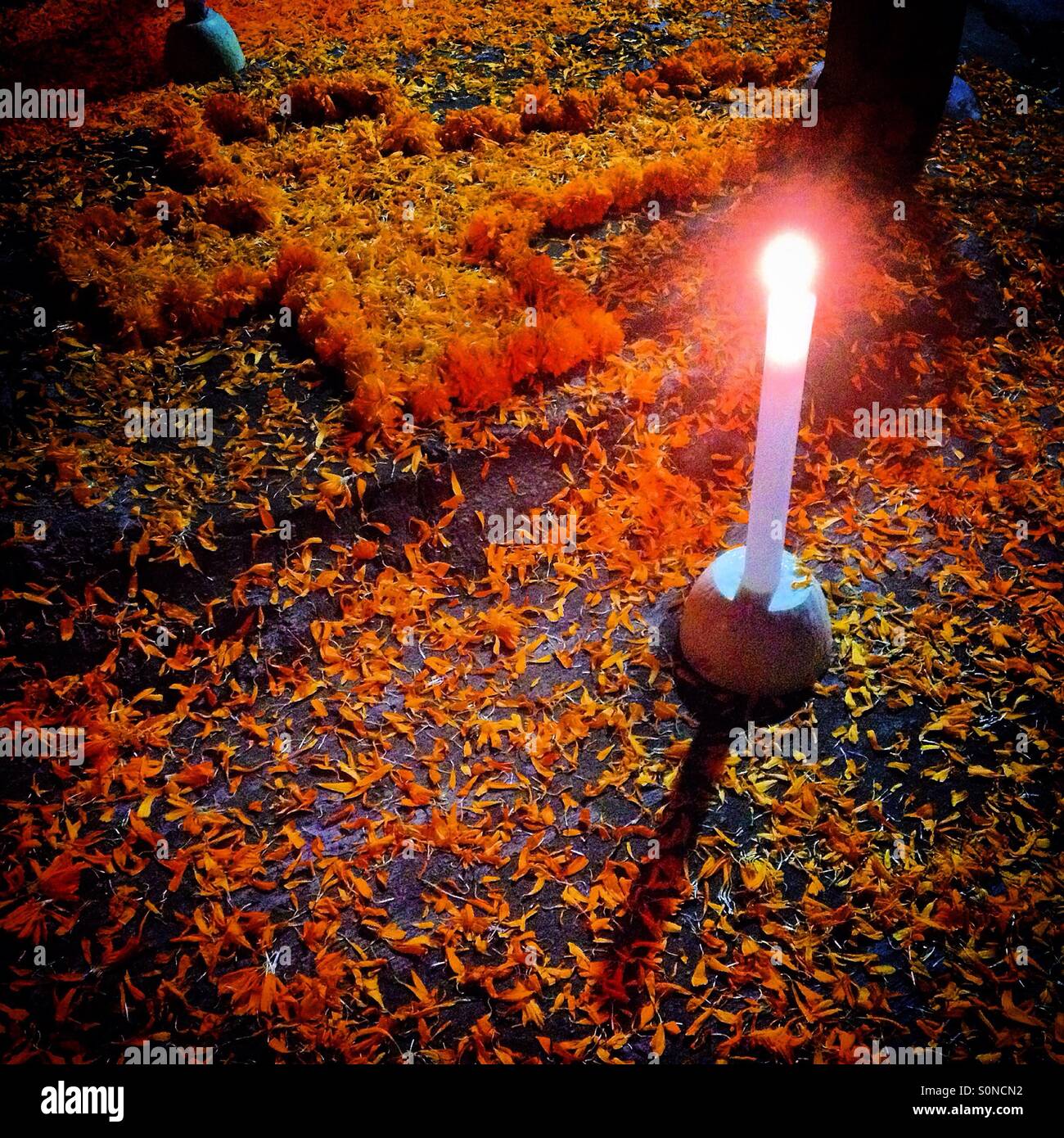 A candle and a light decorate a tomb during Day of the Dead