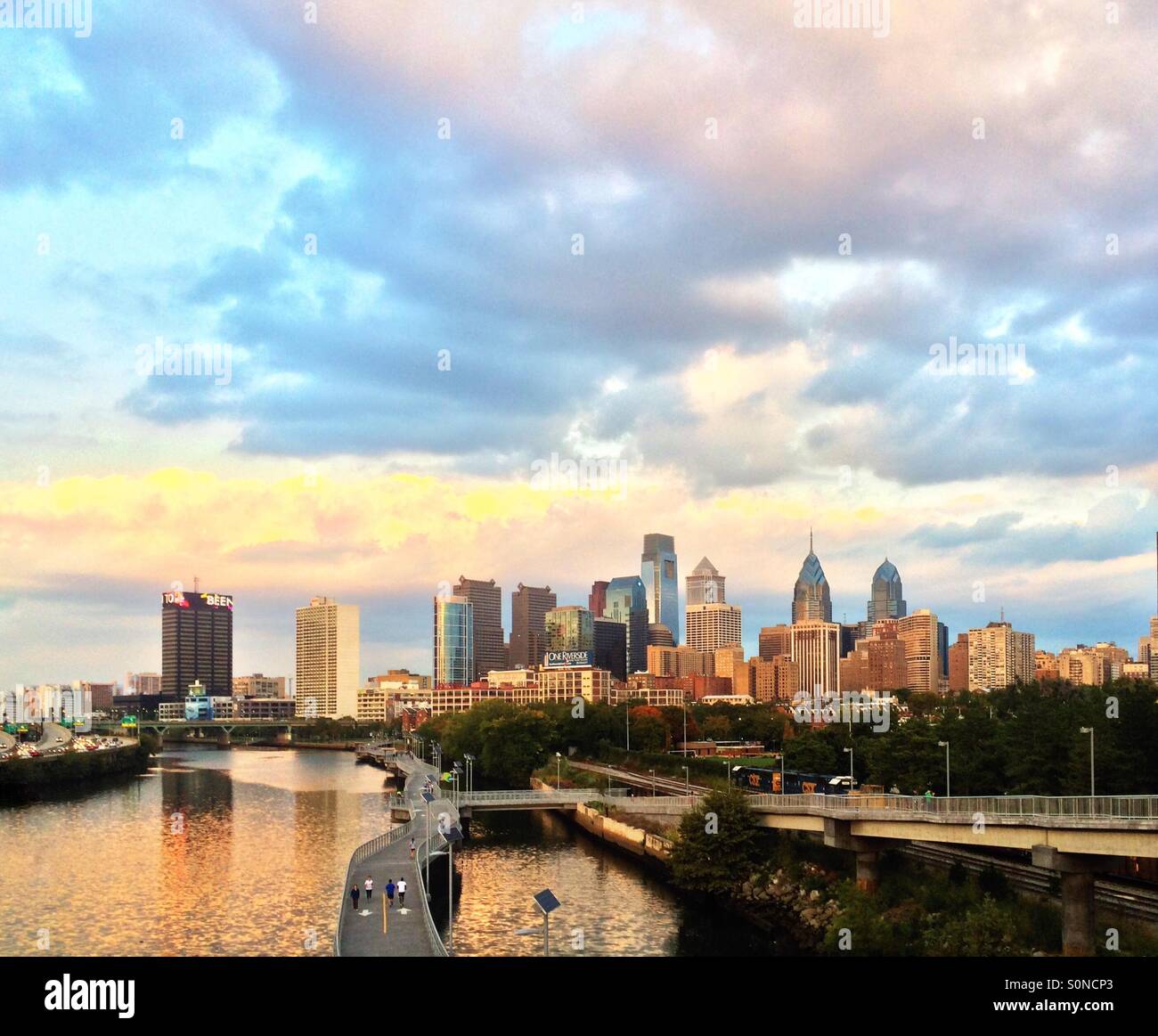 Schuylkill River Boardwalk and skyline  , Philadelphia, Pennsylvania Stock Photo