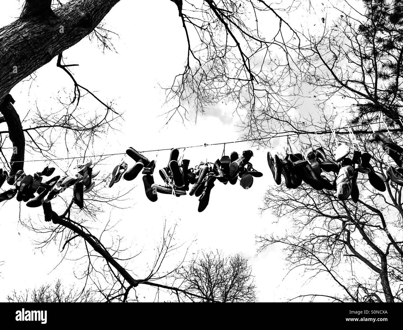 Shoes suspended, symbolic of violence against women. Each pair represents one woman killed by her partner in Canada. Stock Photo