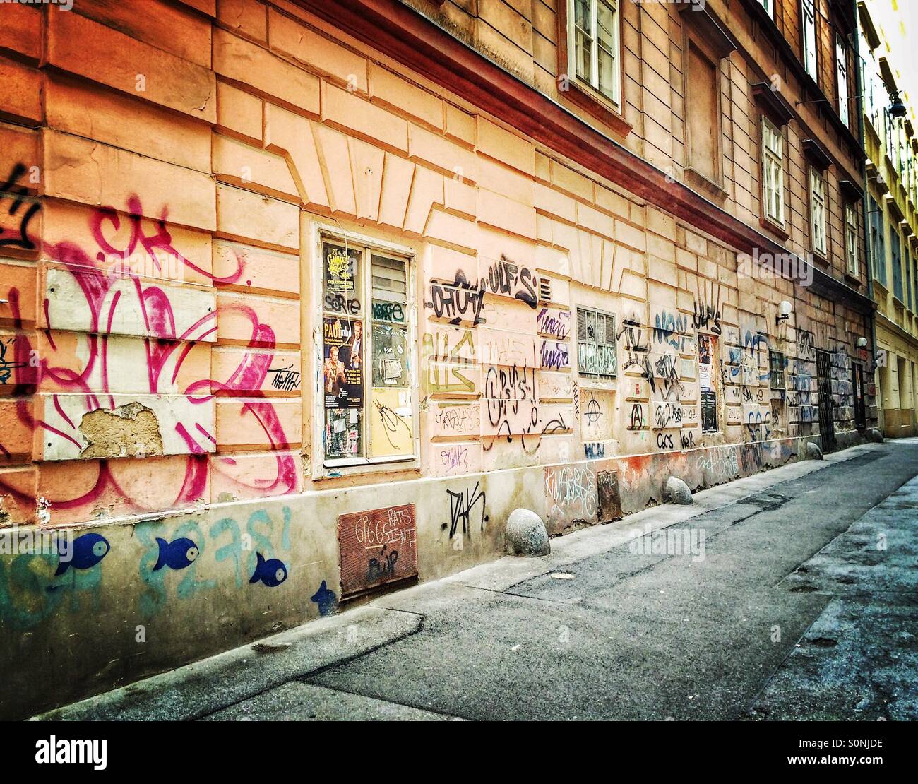 Building side wall with graffiti, Vienna, Austria - Smartphone Captured Stock Image