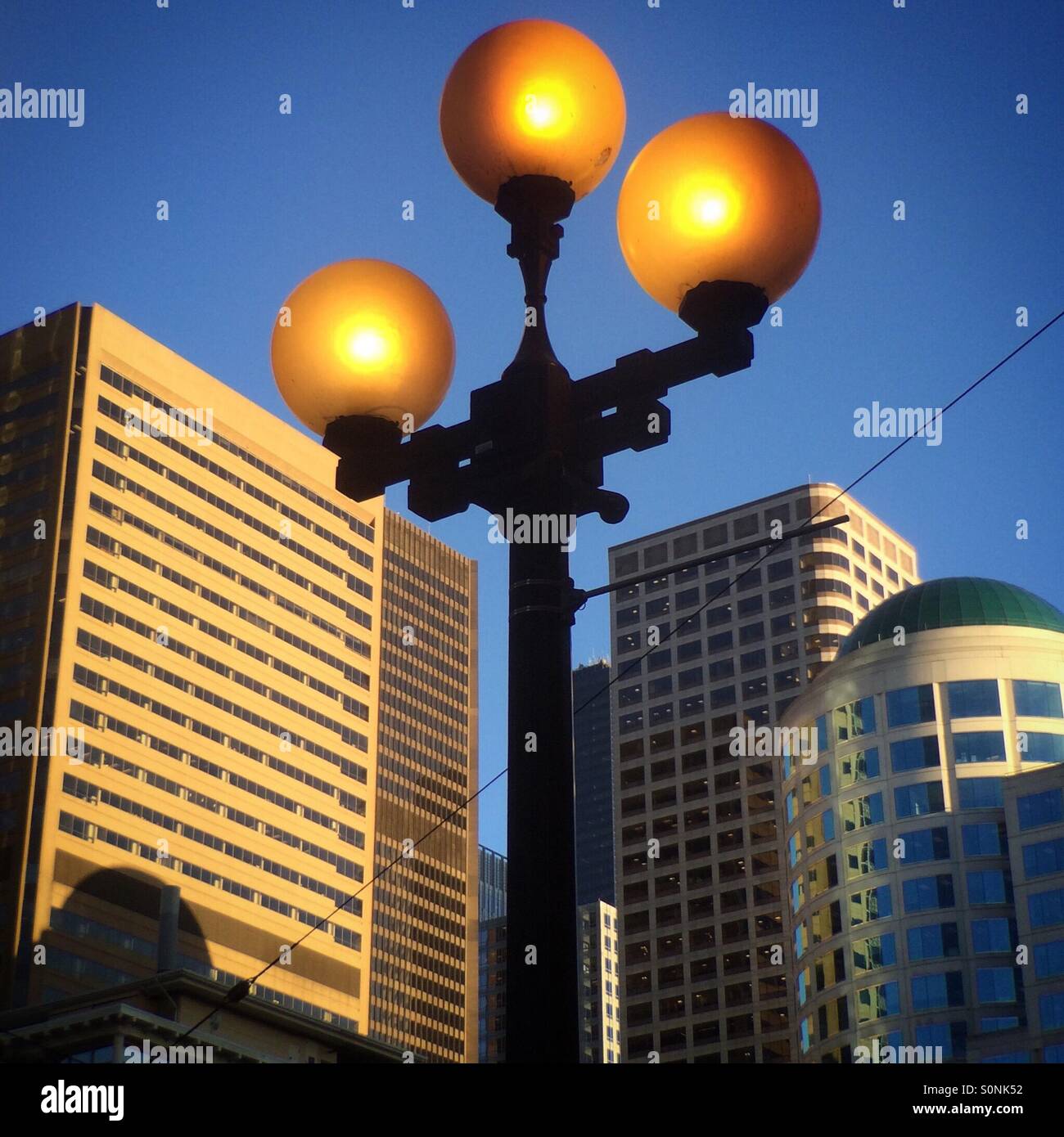 Lights come on at dusk, downtown Seattle, Washington - Smartphone Captured Stock Image
