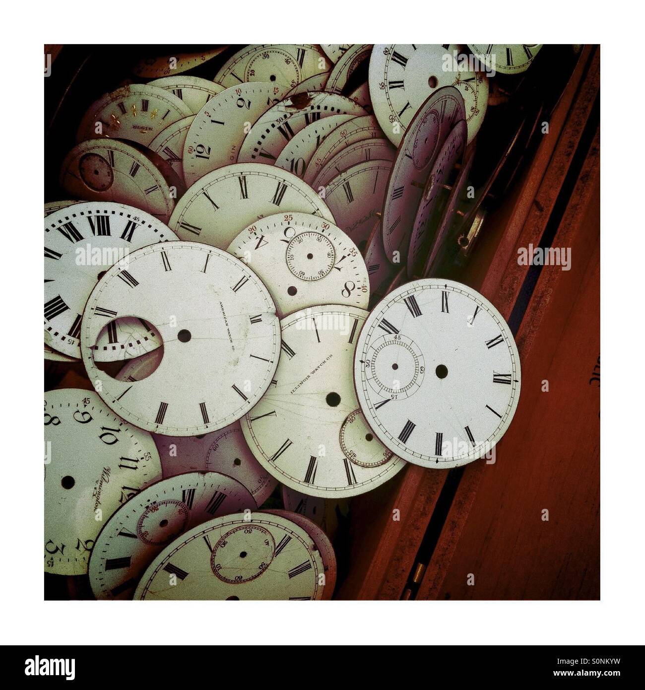 Old watch faces in a box Stock Photo Alamy
