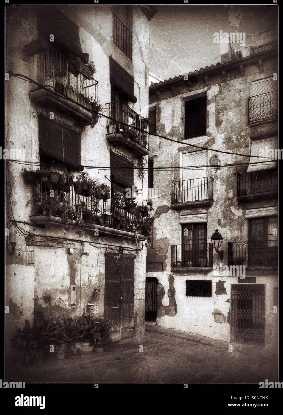 Traditional whitewashed Spanish street scene, Mora d'Ebre, Spain. - Smartphone Captured Stock Image