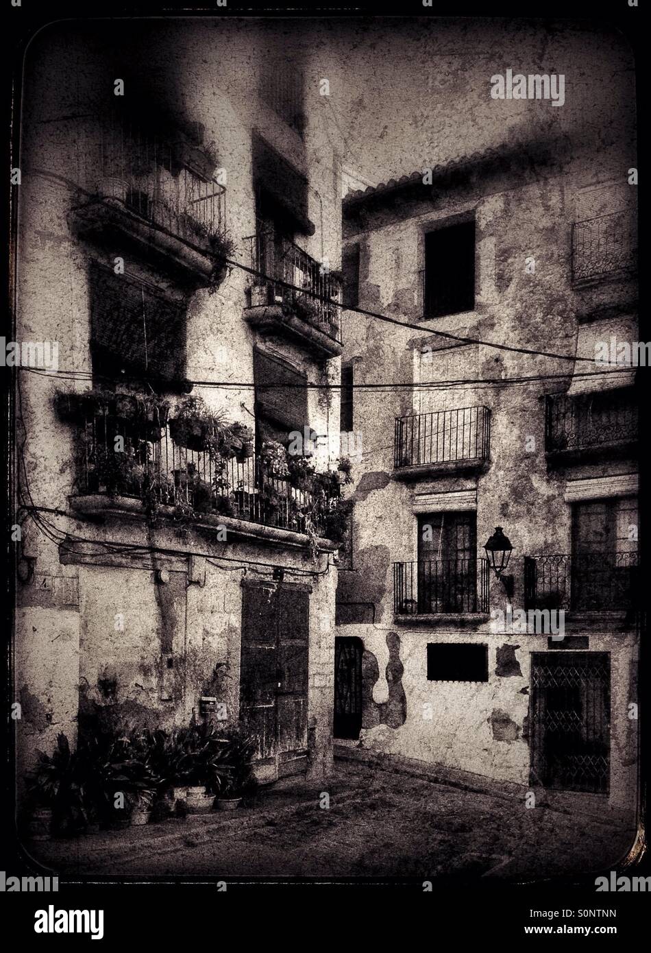 Traditional whitewashed Spanish street scene, Mora d'Ebre, Spain. - Smartphone Captured Stock Image