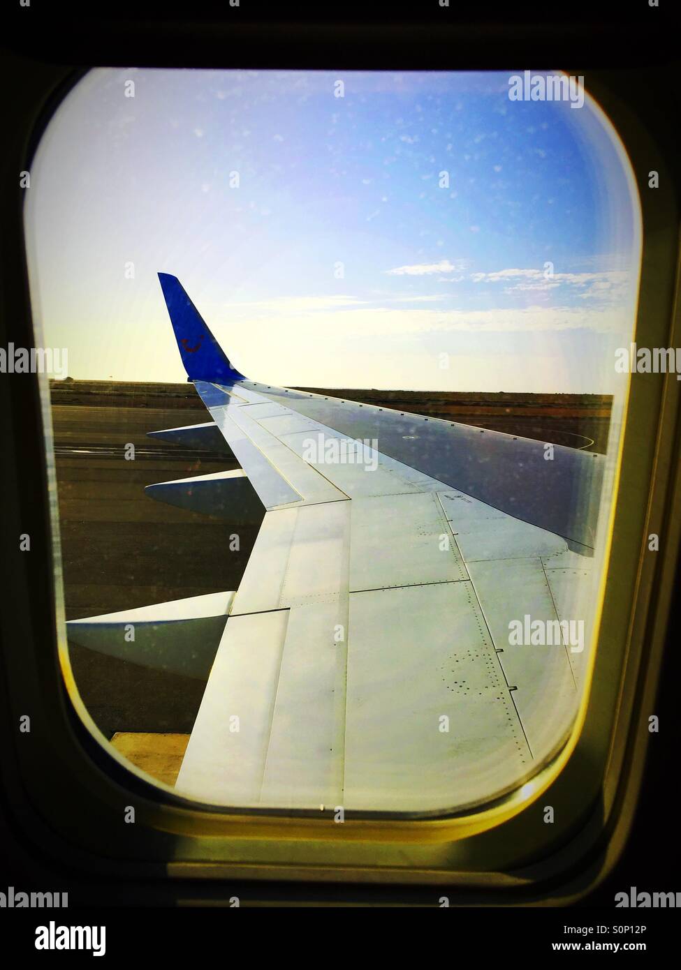 View from airplane window whilst plane still on the ground at Sal Cape Verde - Smartphone Captured Stock Image