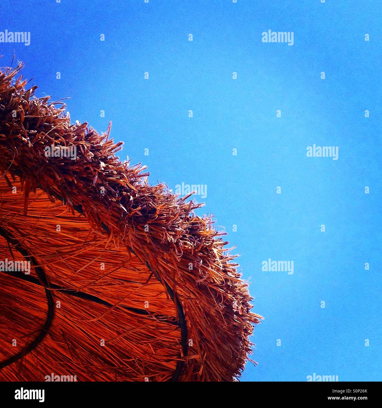 Grass beach umbrella against a blue sky - Smartphone Captured Stock Image