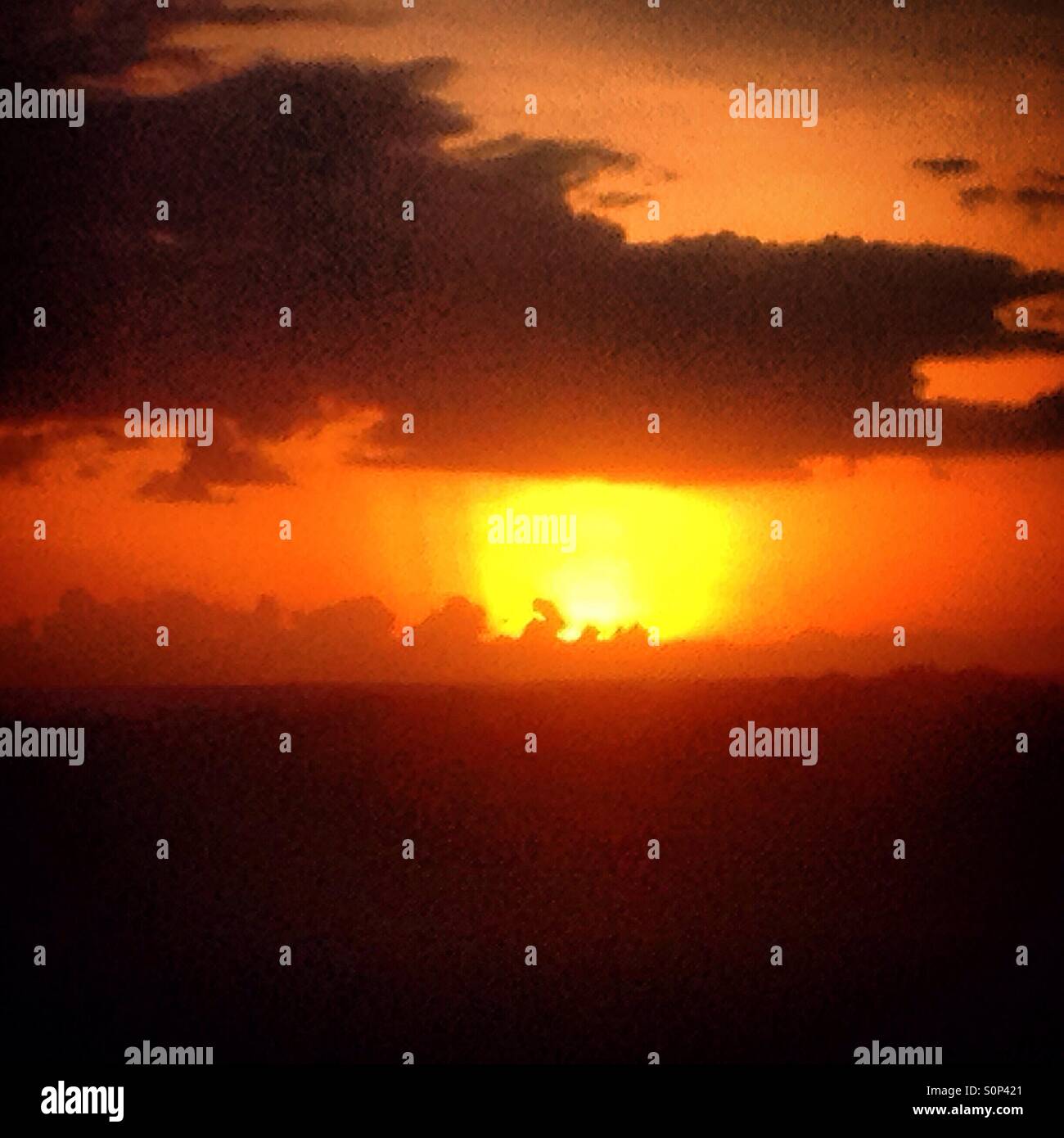 Sunsen in the Mayan city of Tintal near the Mayan city of Mirador, Peten, Guatemala - Smartphone Captured Stock Image