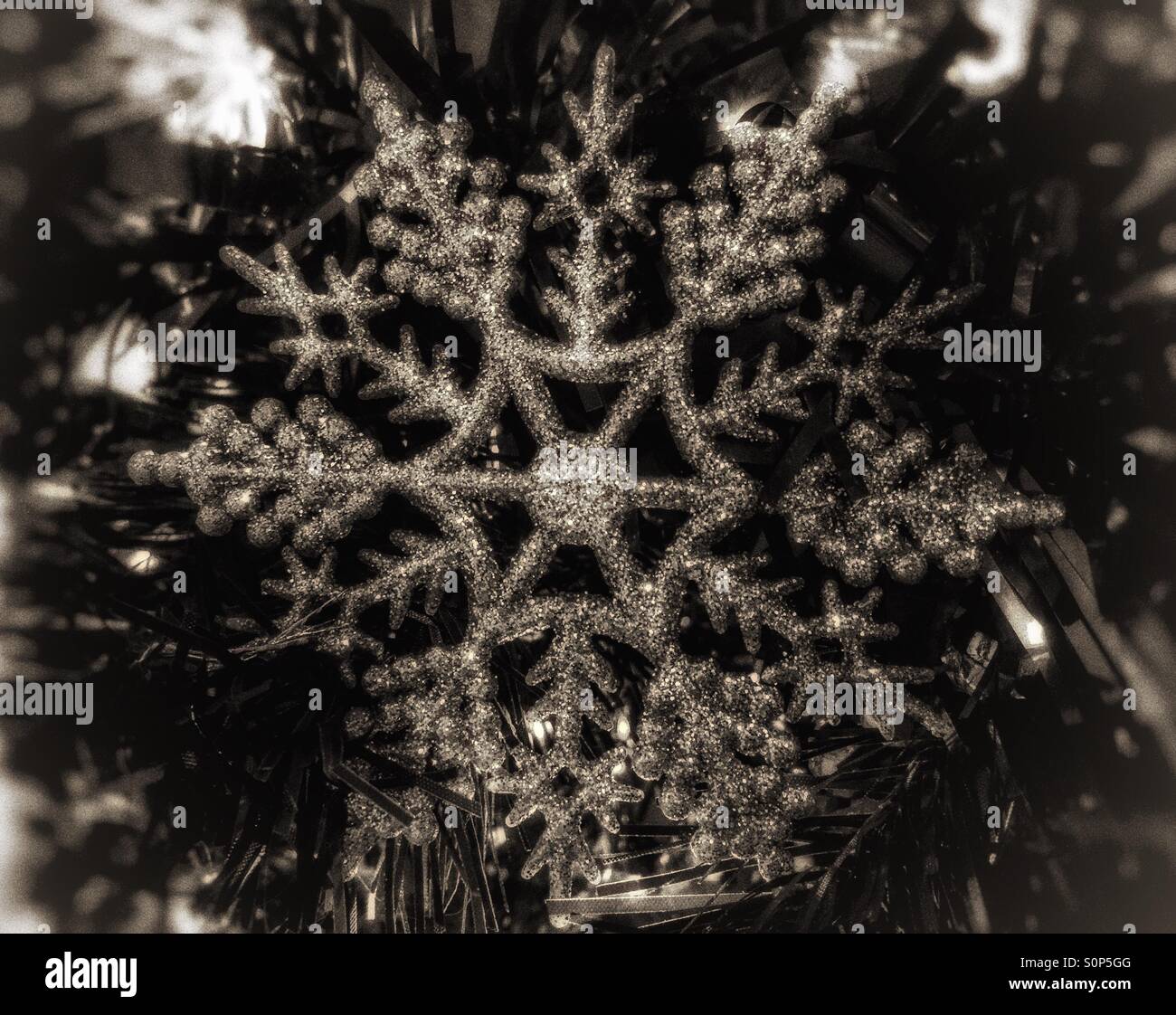 Christmas tree festive  snowflake decoration . Black and white vintage Stock Photo