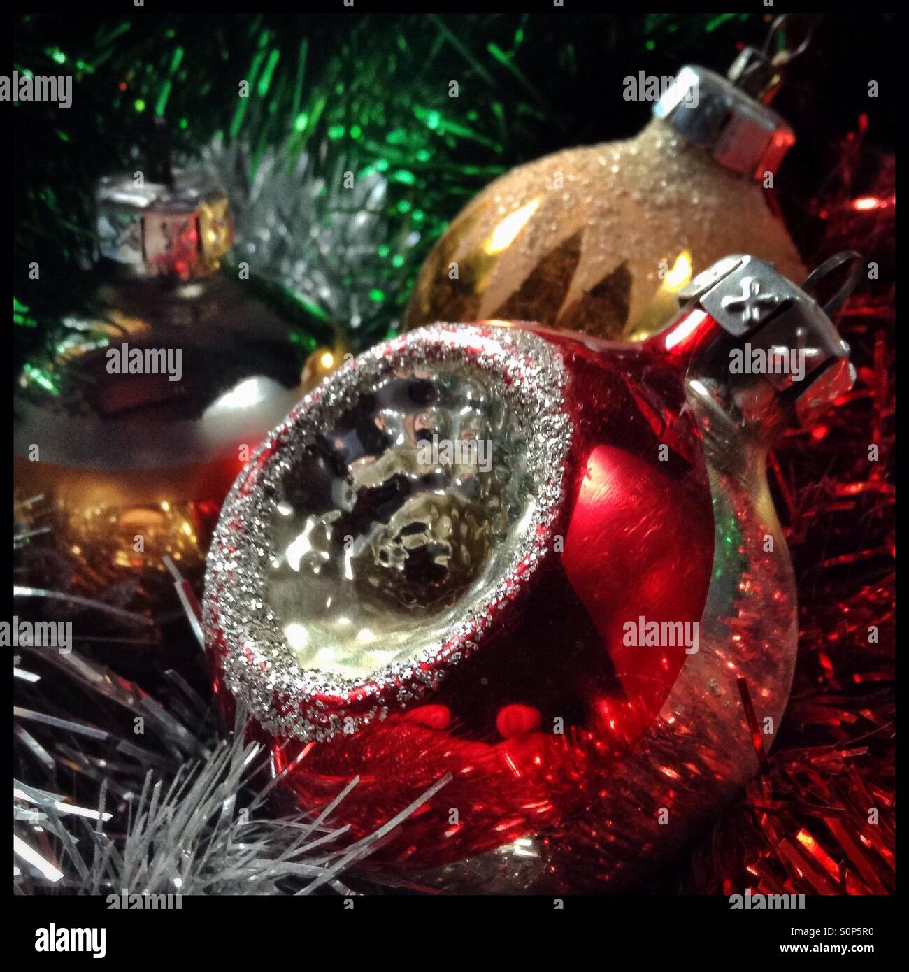 Vintage Christmas tree baubles with tinsel Stock Photo Alamy