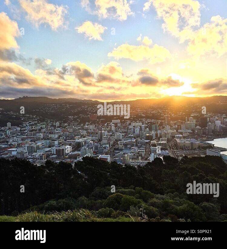 A sunset in Wellington, New Zealand from Mount Victoria. Stock Photo