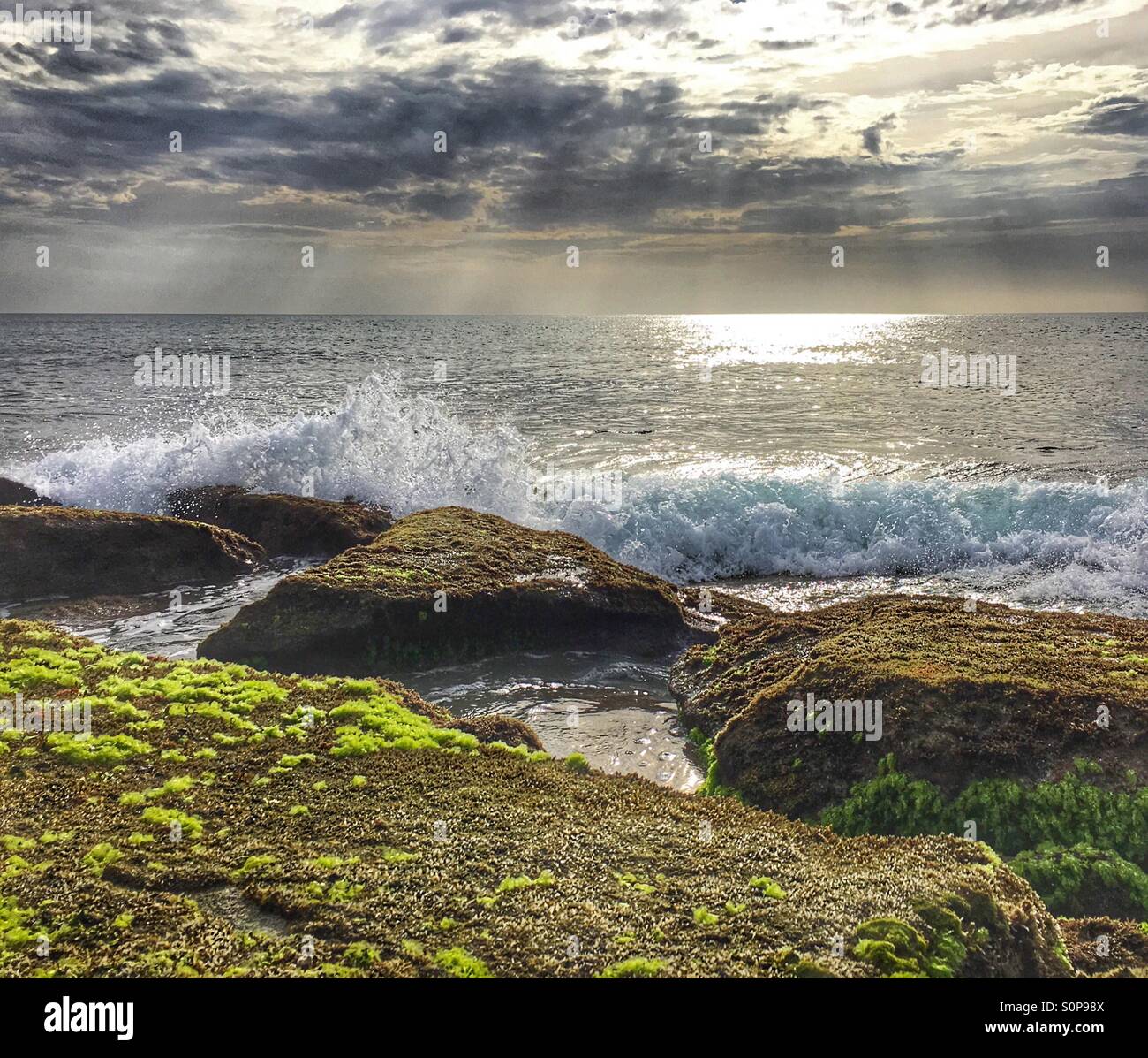 Waves crashing into seaweed covered rocks as tide comes in - Smartphone Captured Stock Image