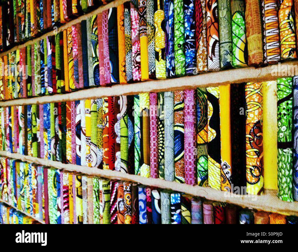 Wax print fabric on the wall of a restaurant in Kigali, Rwanda Stock