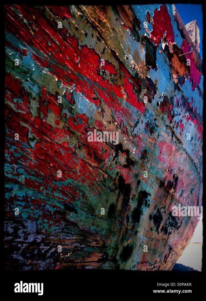 Peeling paint on the side of a Shipwreck at crow point in Devon Stock ...