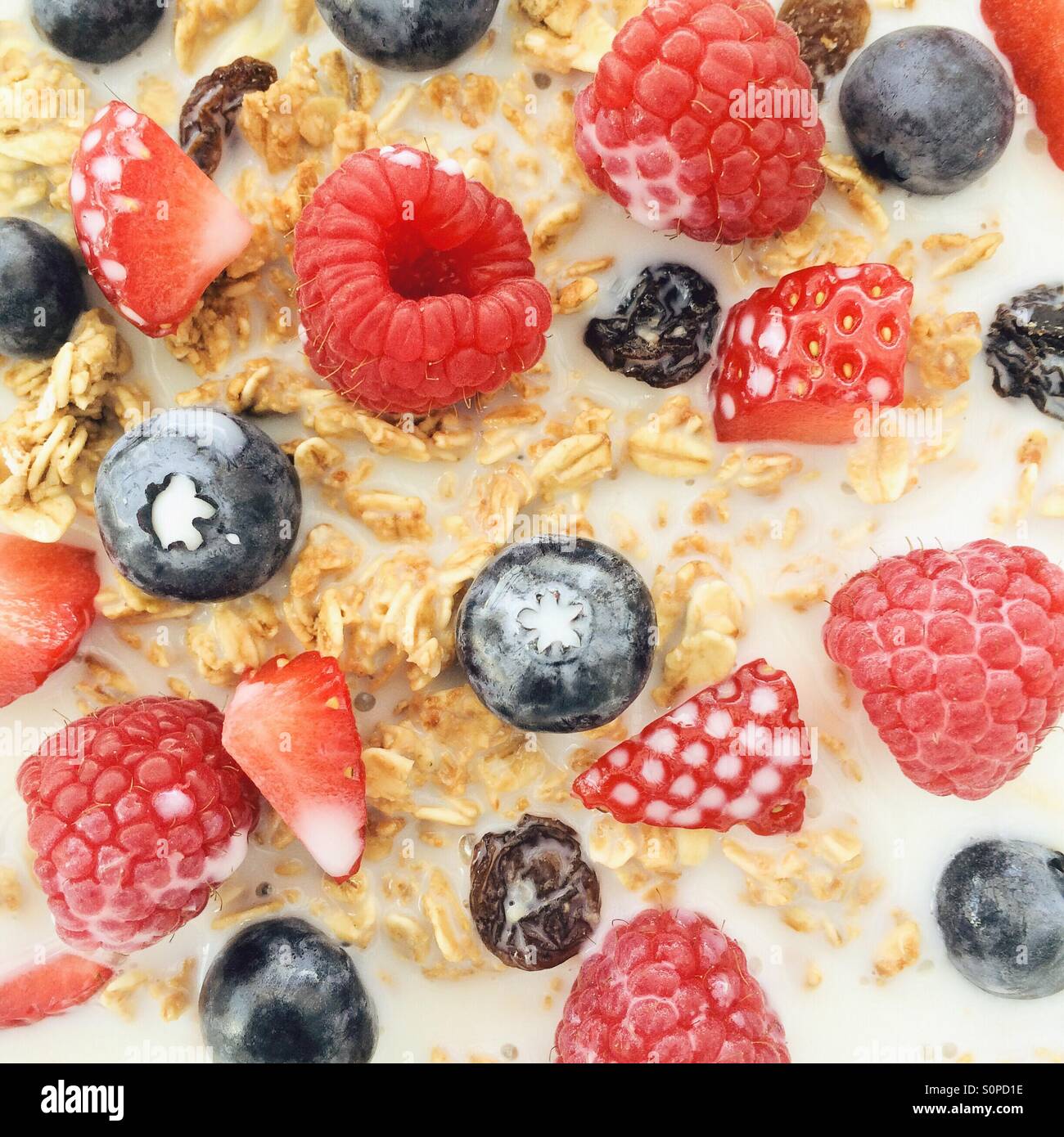 Granola and berries in milk Stock Photo