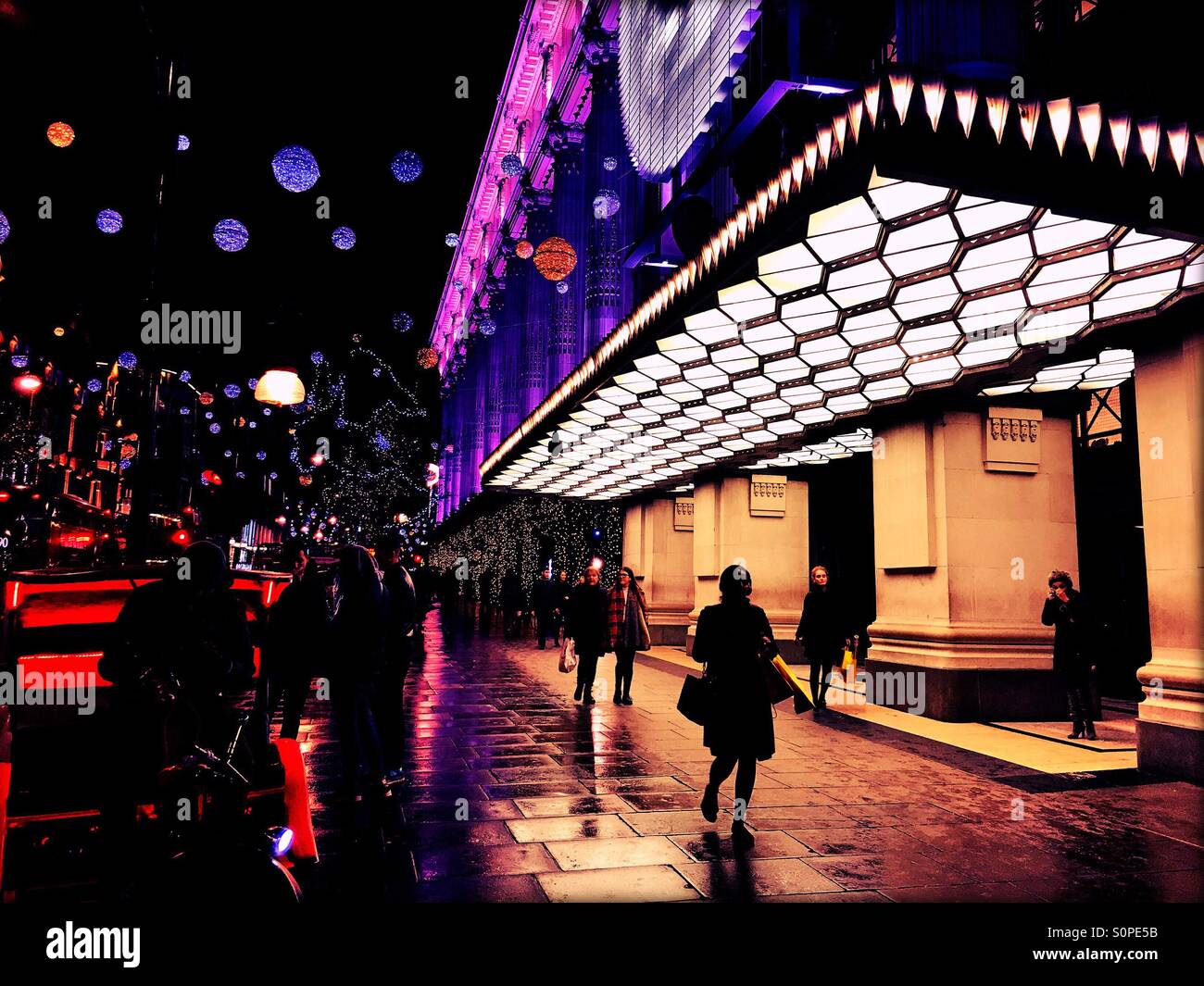 Exterior of Selfridges on Oxford Street at night, City of Westminster