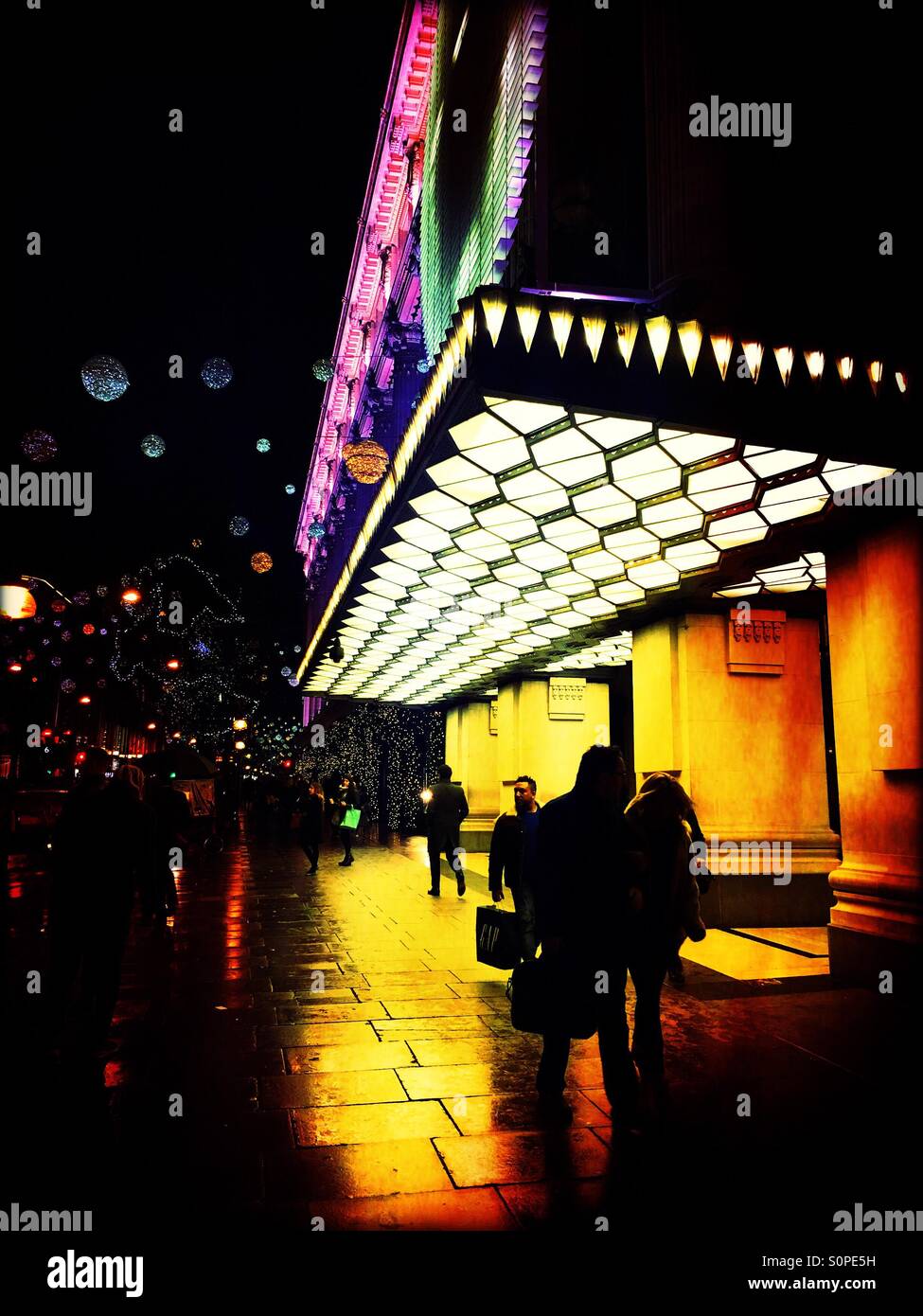 Exterior of Selfridges on Oxford Street at night, City of Westminster