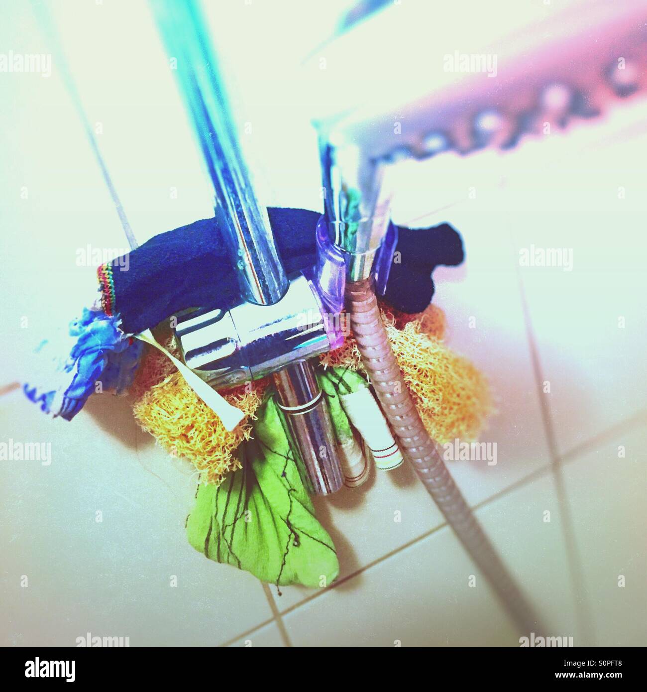 Shower head and washcloths - Smartphone Captured Stock Image