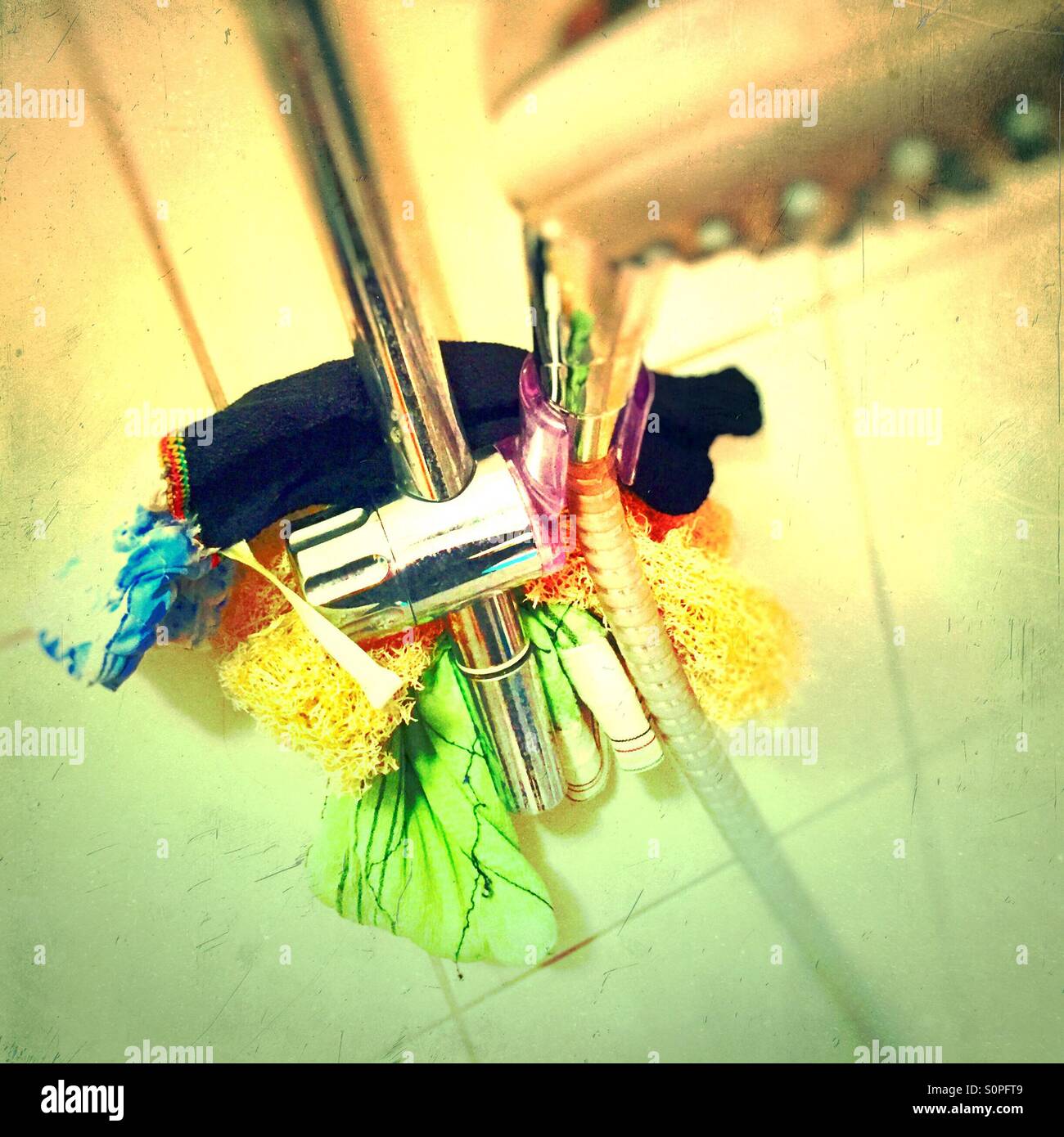 Shower head and washcloths - Smartphone Captured Stock Image